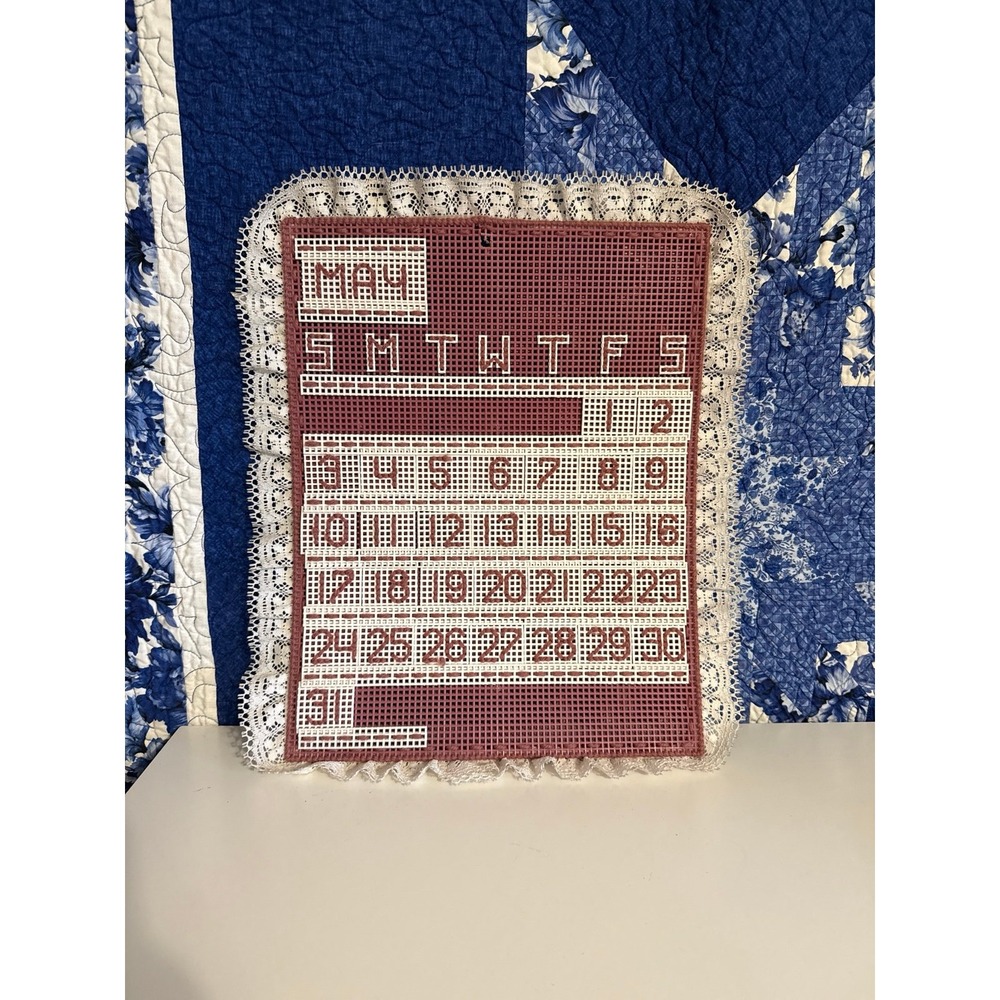 Vintage Handmade Plastic Canvas Perpetual Calendar Wall Hanging Lace Grannycore